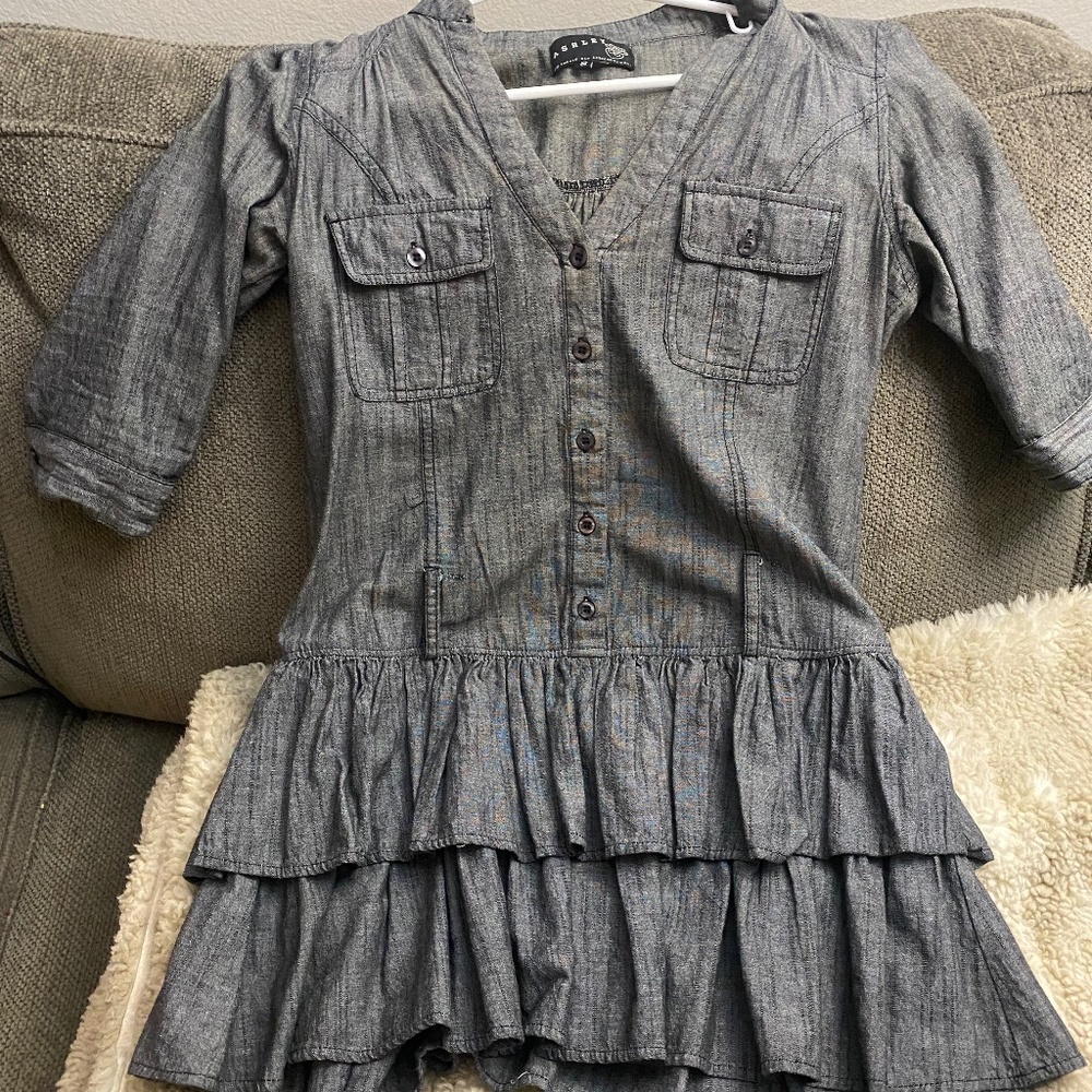 V neck frock, ruffle bottom, military chic look